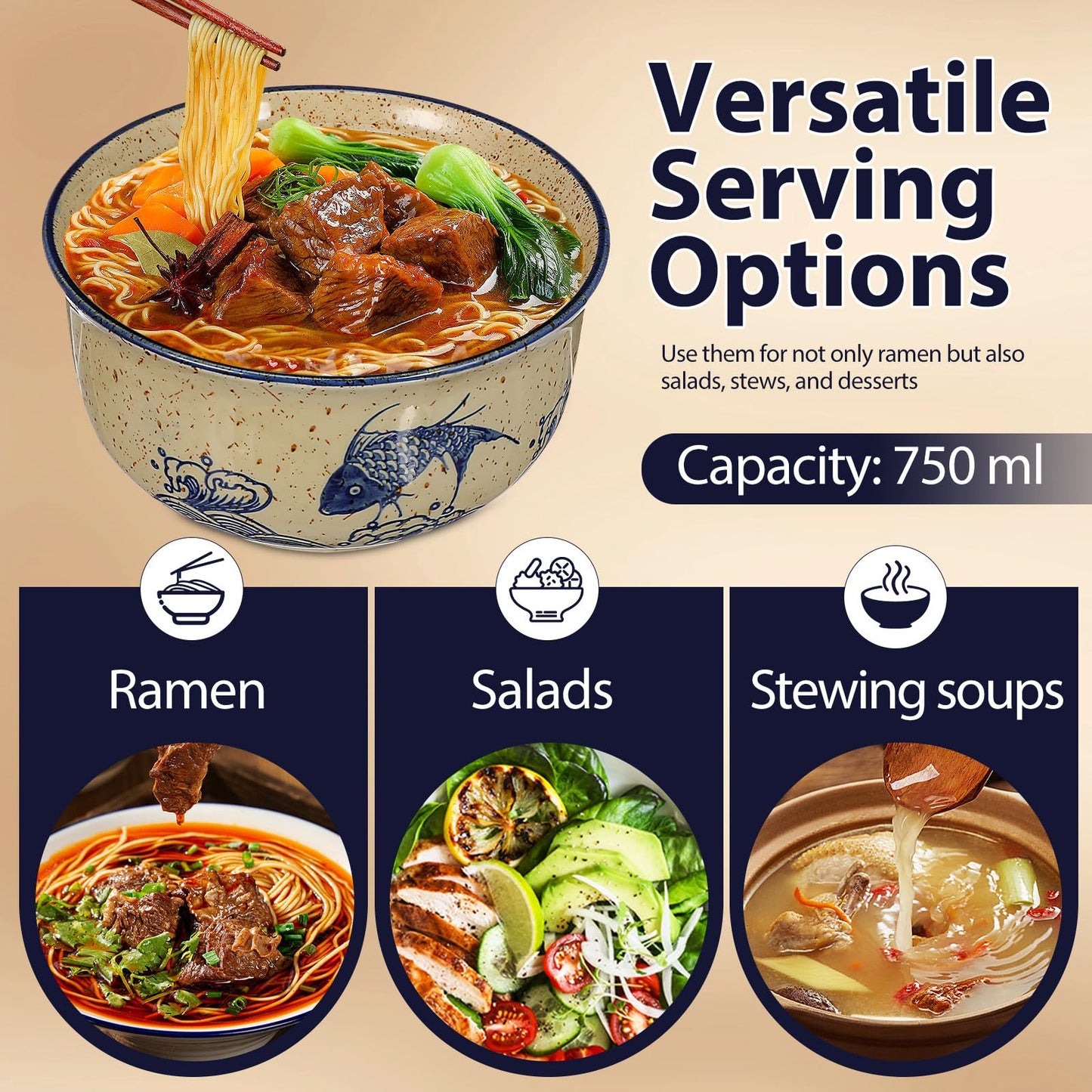 Cabilock 2 Pieces Ceramic Ramen Bowls, 25 Oz Large Soup Bowl with Lid, Spoon Chopstick Japanese Tableware for Noodles, Salad, Rice, Microwave Dishwasher Korean Clay Pot - Fish