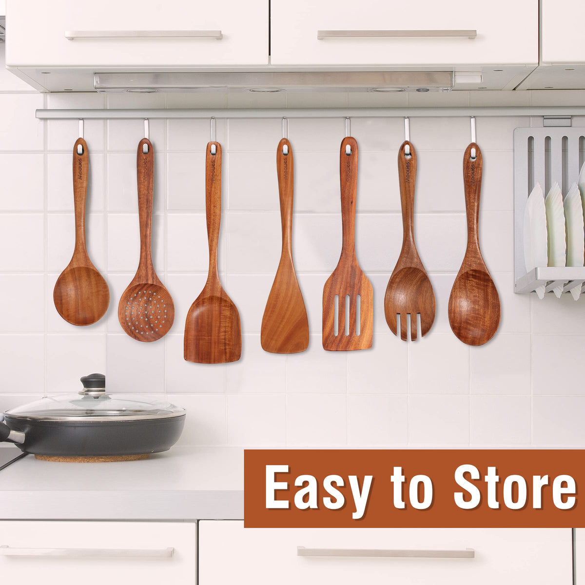 Mooues 9 Piece Natural Teak Wooden Kitchen Utensil Set with Spoon Rest - Comfort Grip Cooking Spoons and Utensils Holder