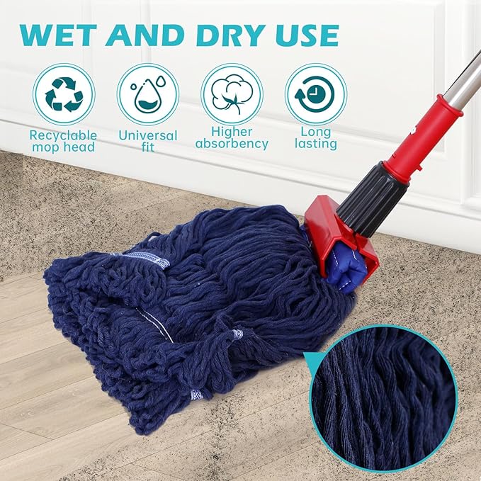 3 Pack Heavy Duty Mop Head Replacement, Blue, Cotton, Floor, Wet Mops