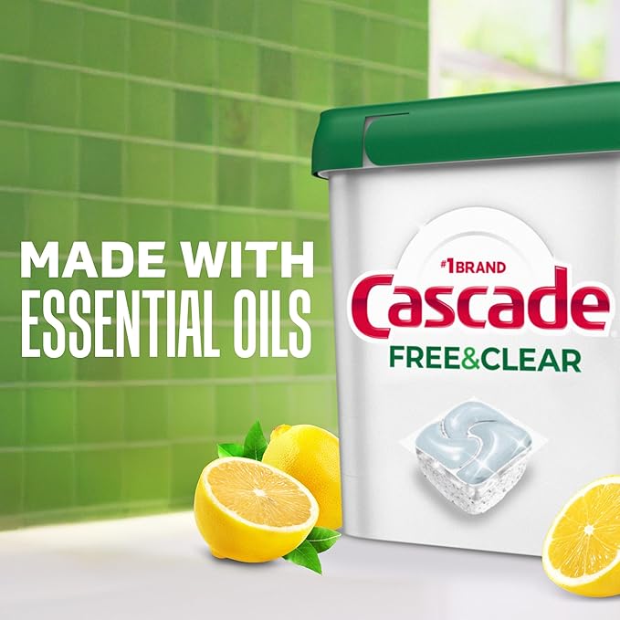 Cascade Free & Clear Dishwasher Pods, Dishwasher Detergent, Dish Detergent Soap, Lemon Essence, 19 Count