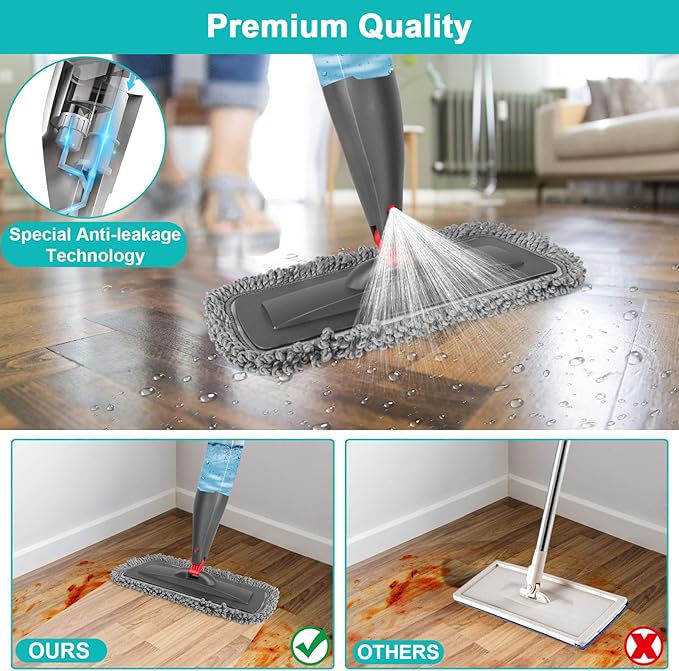 Spray Mop for Floor Cleaning with 3pcs Washable Pads - Wet Dry Microfiber Mop with 800 ml Refillable Bottle for Kitchen Wood Floor Hardwood Laminate Ceramic Tiles Floors Dust Cleaning