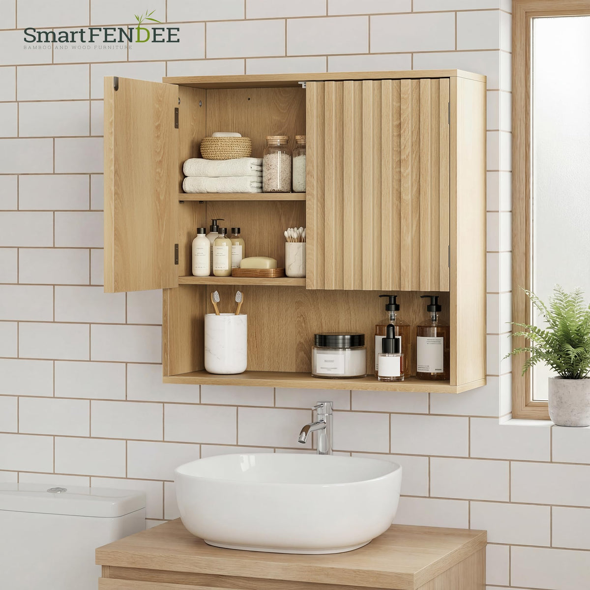 Smart FENDEE Bathroom Wall Storage Cabinet with Fluted Doors, Medicine Cabinet with Adjustable Shelf, Over The Toilet Storage Cabinet for Laundry Room & Kitchen & Living Room, Natural Oak