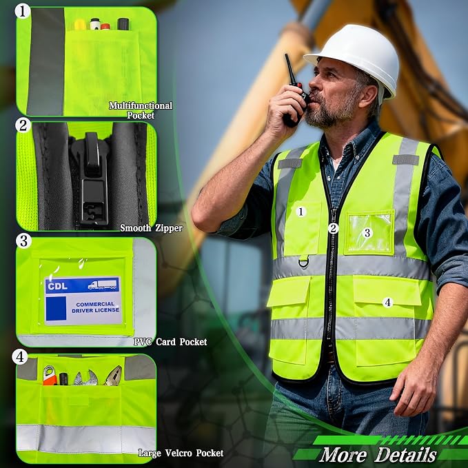FATONE Hi Vis Safety Vest for Men with Reflective Strips, Class 2 High Visibility Vest with Pockets for Construction, Traffic, Warehouse, Security, Volunteer, 5 Pack Yellow, XL