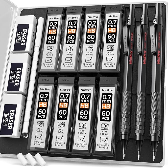 Nicpro 0.7 mm Mechanical Pencil Set with Case, 3 Metal Artist Pencil With 8 Tube HB Lead Refills, 3 Erasers, 9 Eraser Refills For Architect Art Writing Drafting Drawing, Engineering, Sketching, Black