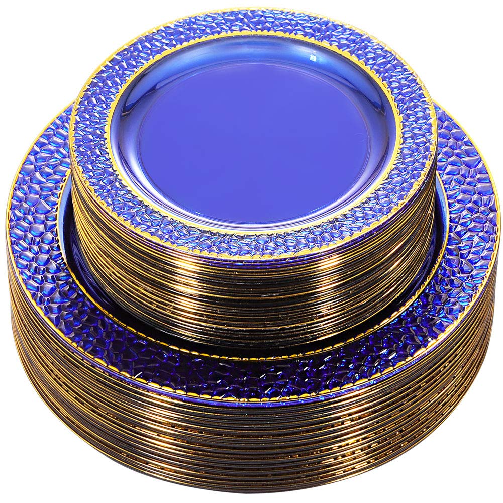 Nervure 102PCS Blue Plastic Plates - Disposable Blue Party Plates Include 51PCS 10.25inch Dinner Plate & 51PCS 7.5inch Dessert Plate for Wedding & Party & Father's Day