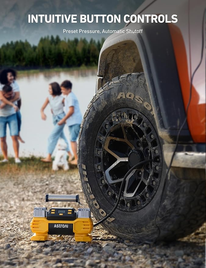 AstroAI Portable 160 PSI DC Heavy Duty Tire Inflator Pump Auto Shutoff with Screen, Dual Cylinders & Dual Motors, 12V Air Compressor for SUVs, RVs, ORVs, Cars, Air Mattresses, etc. Yellow(NO AC)