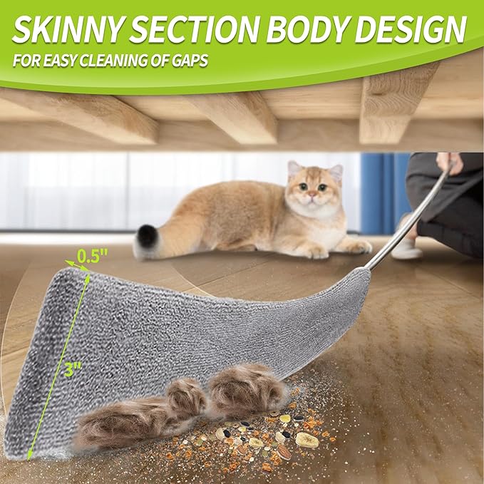 Skinny Duster with Extension Pole for Under Furniture, Under Appliance Cleaning Tool with 3 Microfiber Dusting Cloths, Retractable Flat Duster for Under Refrigerator, Tight Spaces, Gap