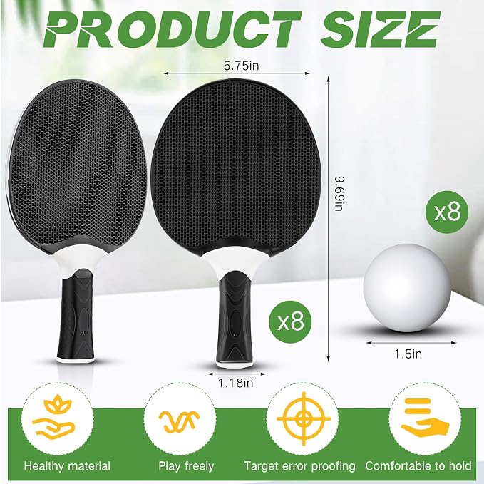Junkin 8 Pieces Table Tennis Paddles Kit Professional Rackets Set Portable Composite Rubber Table Tennis Racquets with 8 Balls for Indoor and Outdoor