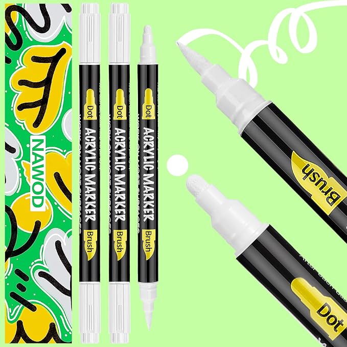 NAWOD 3 White Acrylic Paint Pens, Acrylic Paint Markers Dual Tip (Dot Tip + Brush Tip), Acrylic Permanent Markers for Rock, Fabric, Canvas, Ceramic, Glass, Wood, Paper, Labeling, Drawing, DIY Crafts