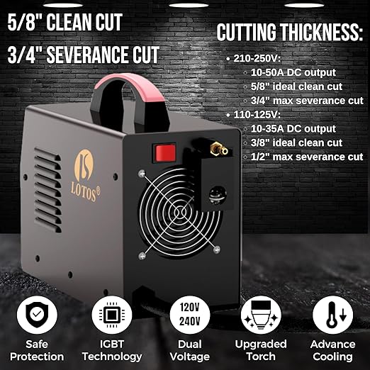 LOTOS LT5000D Plasma Cutter, 2024 Upgraded 5/8 inch 16mm Clean Cut 3/4 inch 20mm Severance Cut 50A Plasma Metal Cutter Machine, Plasma Cutting Equipment, Dual Voltage 120V or 240V, Brown