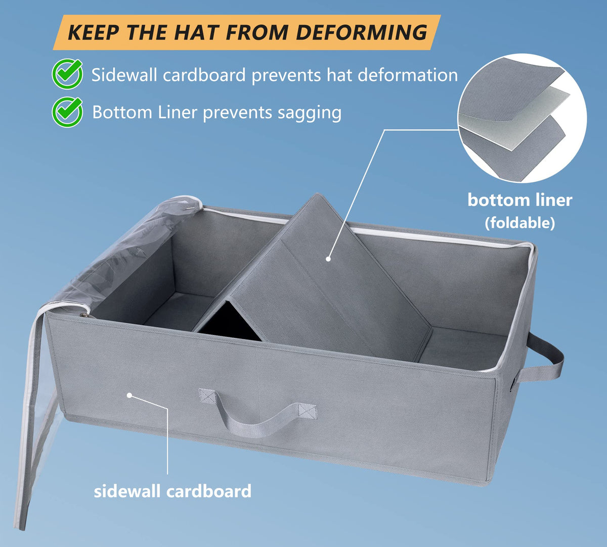 AOODA Large Hat Storage Box for Baseball Caps, Holds Up to 50 Caps Wide Hat Organizer for Closet with Cardboard, Under Bed Snapback Holder, Grey
