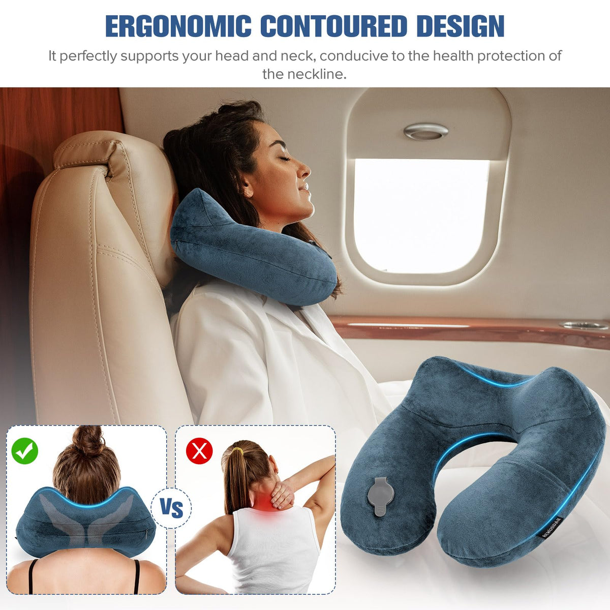 Rewondah Inflatable Travel Pillow for Sleeping Airplane - Inflatable Neck Pillow for Traveling on Plane with Washable Cover, Blow up Neck Travel Pillow for Airplanes, Cars - Portable and Comfortable