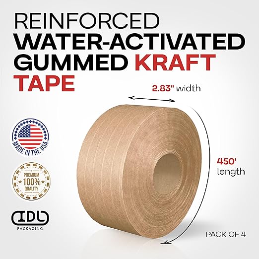 IDL Packaging 2.83" x 450 feet Reinforced Water-Activated Kraft Gummed Tape 30lb Thickness (Pack of 4) - Secure Paper Packing Tape for Secure Carton Sealing - Heavy-Duty for All Conditions, Brown