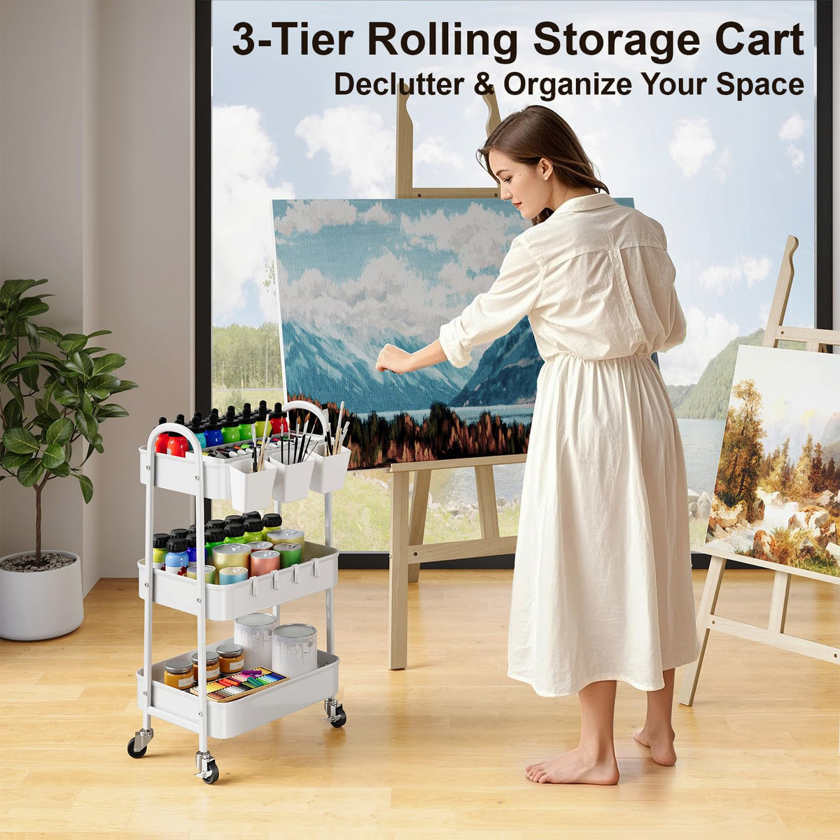 3 Tier Heavy Duty White Metal Rolling Cart with Lockable Wheels, Three Tier Roller Book Snack Cart, Utility Storage Organizer Carts for Kitchen, Bathroom, Garage, Baby Diaper, Craft, Art, Teacher