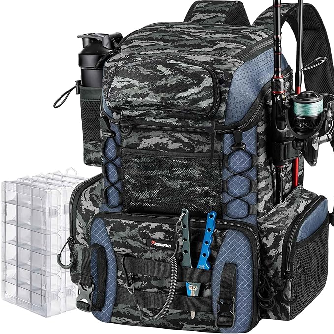 Piscifun Fishing Tackle Backpack with Rod Holders & 4 Tackle Boxes, 42L Outdoor Fishing Bag with Waterproof Rain Cover