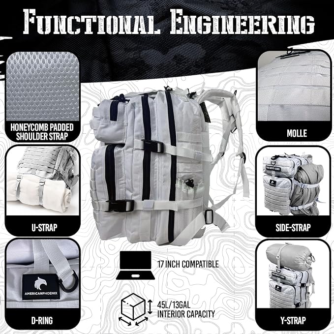 AMERICANPHOENIX 45L Elite Tactical Backpack | 3X Stronger Work & Military Backpack | Water Resistant and Heavy Duty | 3 Day MOLLE Bug Out Bag (Polar White)