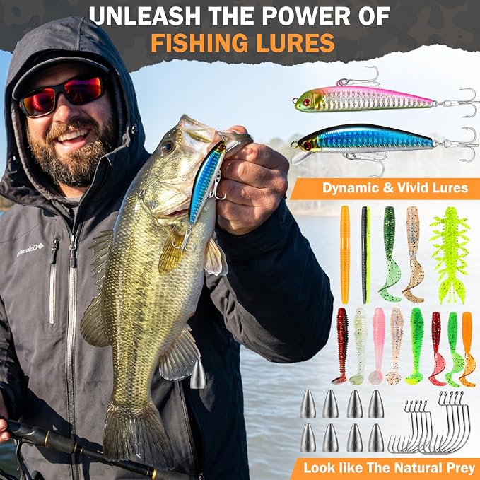 PLUSINNO Fishing Backpack with Fishing Gear Fishing Net, Waterproof Tackle Backpack with Rod Holders, Tackle Box, Lures, Tools, Pliers & Accessories, Fish Gifts for Men