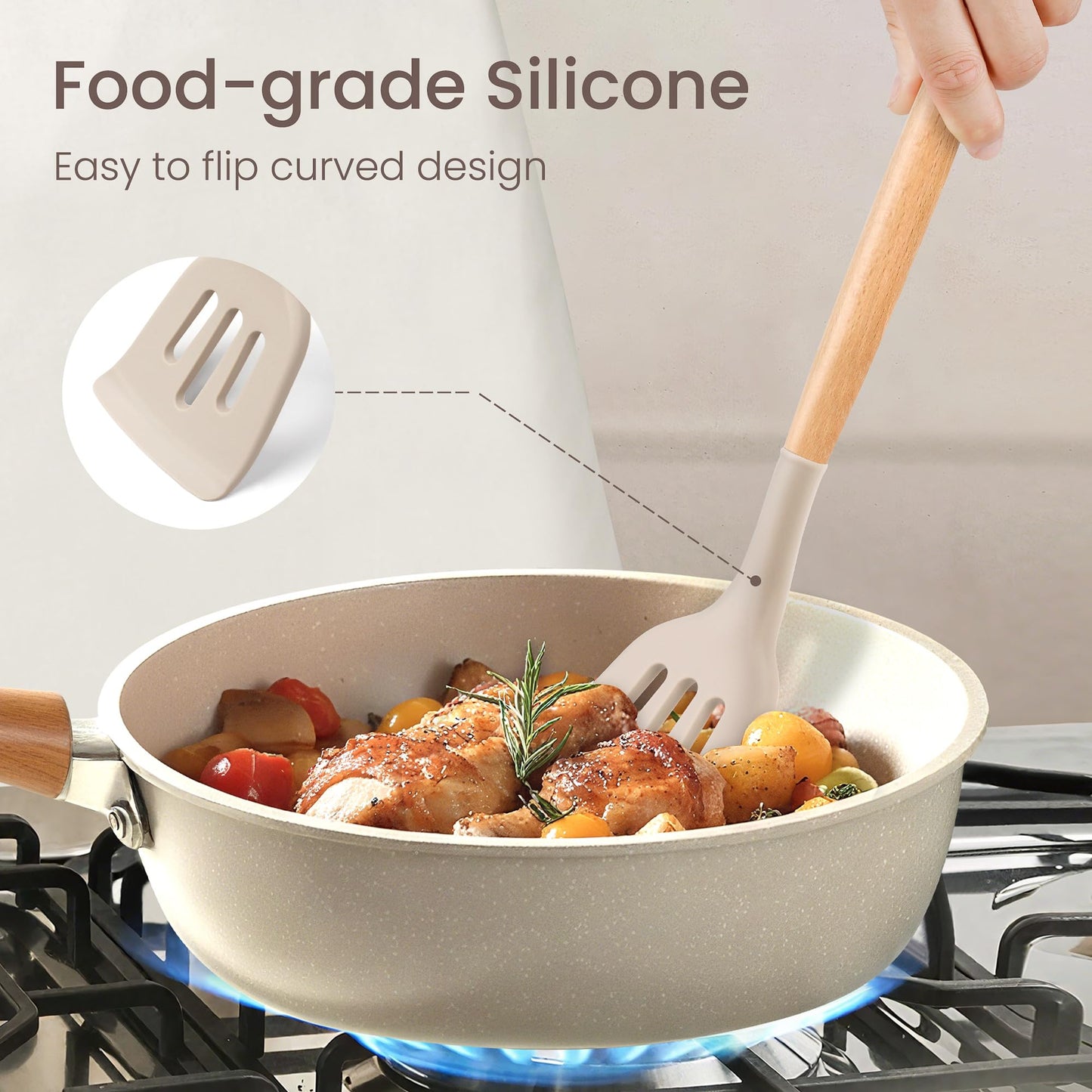 26 Pcs Silicone Cooking Utensils Set with Holder, NCUE BPA Free Kitchen Utensils Set for Cooking, 446°F Spatulas Silicone Heat Resistant Wooden Handle Spoon Tongs Non-stick Kitchen Gadgets (Khaki)