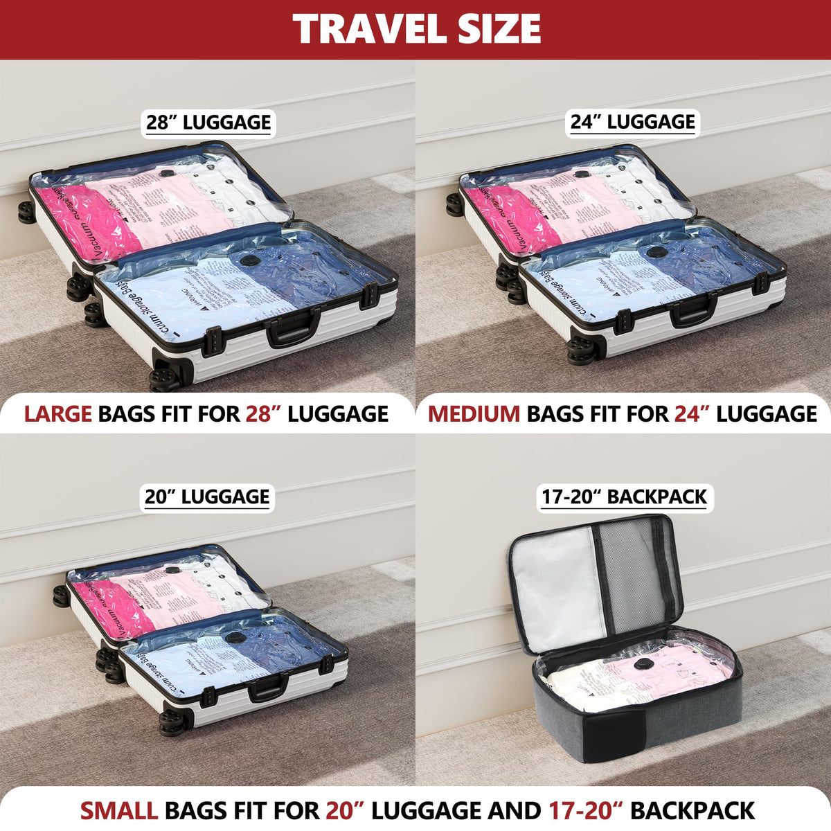 SUOCO Travel Vacuum Bags for Luggage with Portable Electric Pump, 8 Small Packing Seal Bags for Clothing Suitcase Backpack, Space Saver Compression Clothes Storage Bag