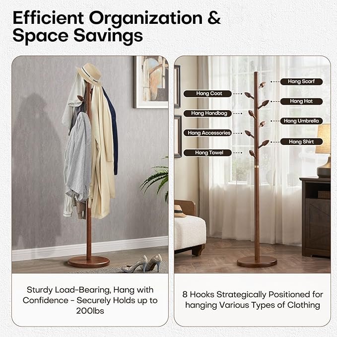 Wooden Coat Rack Freestanding - Heavy Duty Coat Tree Stand with 8 Bud-Shaped Hooks, Sturdy Round Base Coat Hanger for Entryway, Bedroom, Jackets & Clothes, 200lbs Capacity (Walnut)