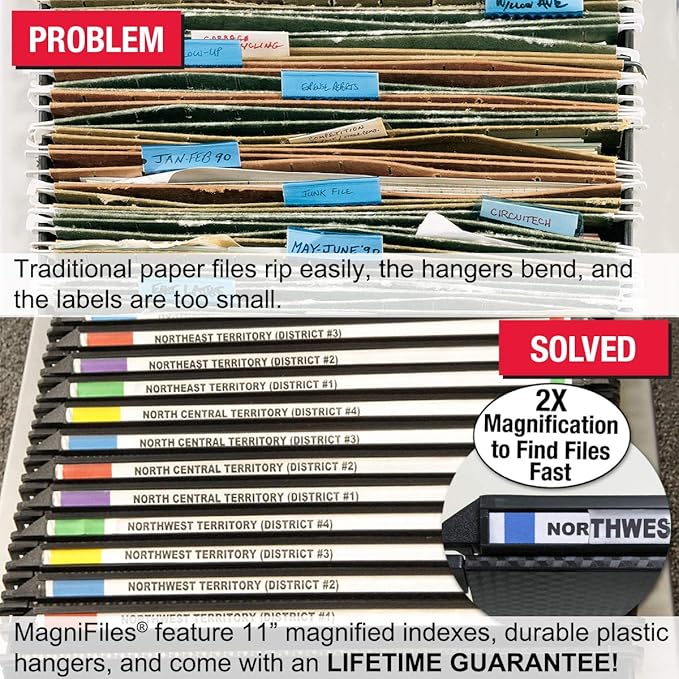 Ultimate Office MagniFile Hanging File Folders V Base Letter Size with 11 inch Magnified Indexes That Double The Size of Your File Titles to Find Files Fast. (Set of 20 Black)