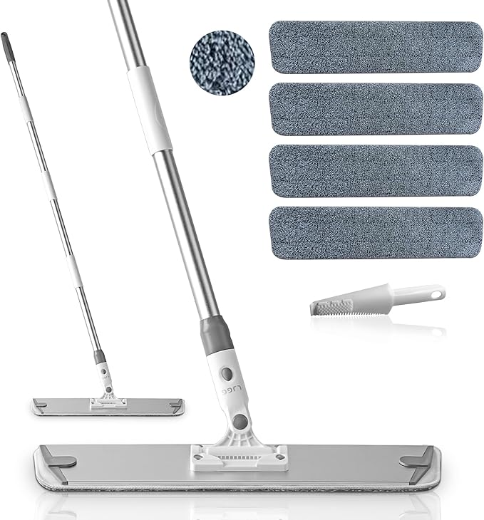 Flat Microfiber Mop for Floor Cleaning, 18 inch (17.7 in/45 cm) Aluminum Base, Adjustable Stainless Steel Handle 29.5 to 52 in, 360-Degree Swivel, Dry & Wet, 4 Washable Pads - LJGG