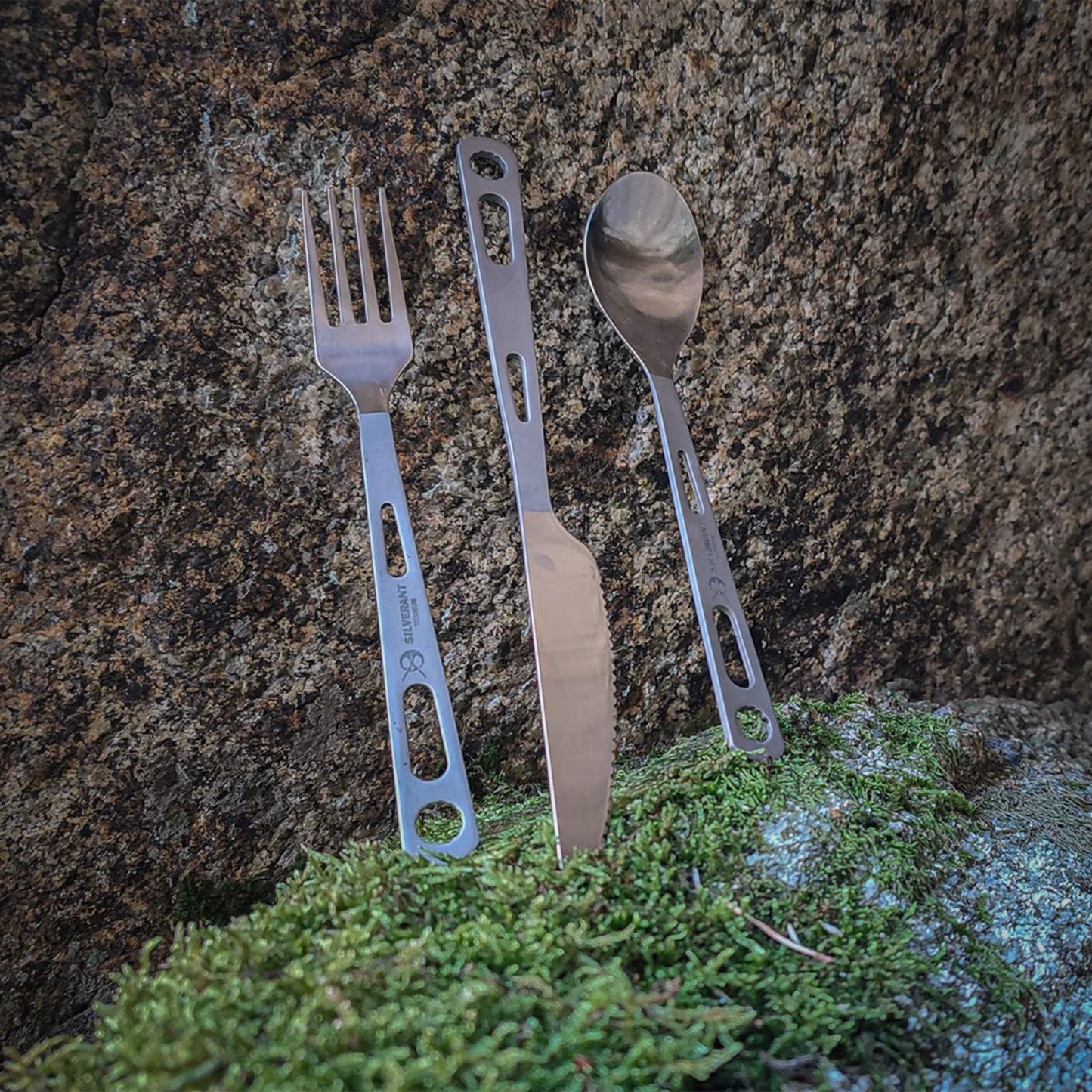 SILVERANT Titanium Camping Flatware, Knife Fork & Spoon 3 Piece Camping Cutlery Set Lightweight Tableware for Lunch Box Outdoor Camping & Hiking, Comes with Drawstring Bag & Carabiner- Polished