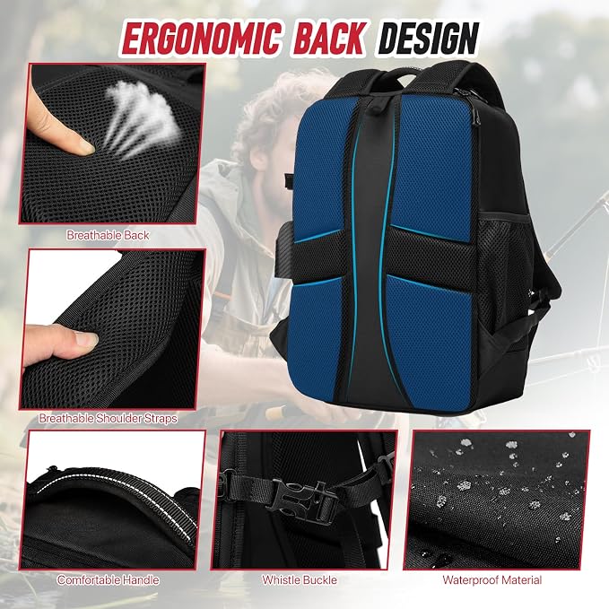 Fishing Tackle Backpack,Tackle Bags with 2 Rod Holders,Water-Resistant Tackle Bag Storage Bag for Fishing Gear(Black)