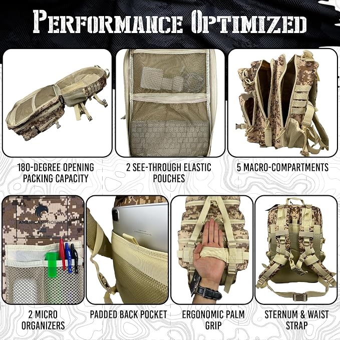 AMERICANPHOENIX 45L Elite Tactical Backpack | 3X Stronger Work & Military Backpack | Water Resistant and Heavy Duty | 3 Day MOLLE Bug Out Bag (Sand Storm)