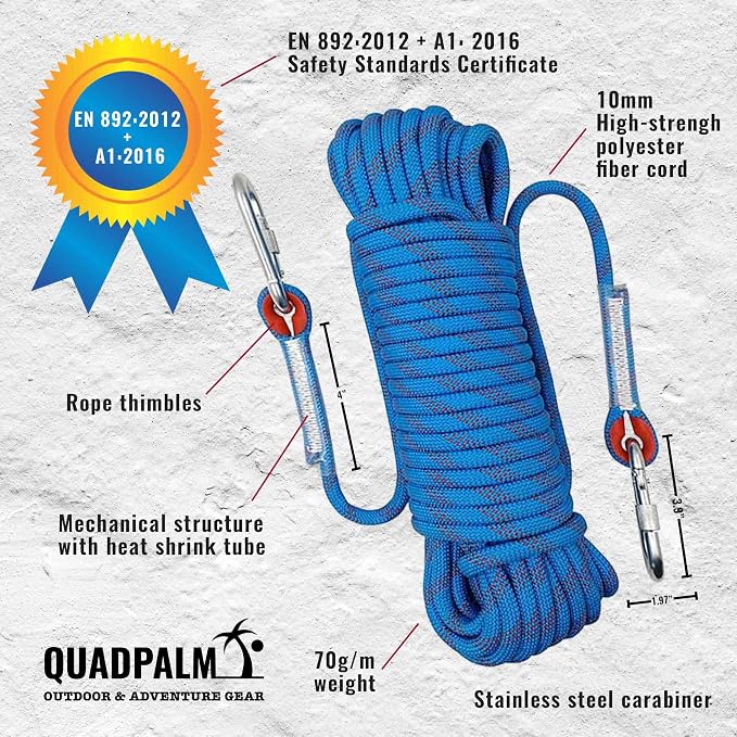 Grappling Hook and Rope 10M (32ft) - Multifunctional Heavy Duty Survival Hook - 4 Stainless Steel Folding Claws - Survival Gear - Outdoors Camping Hiking