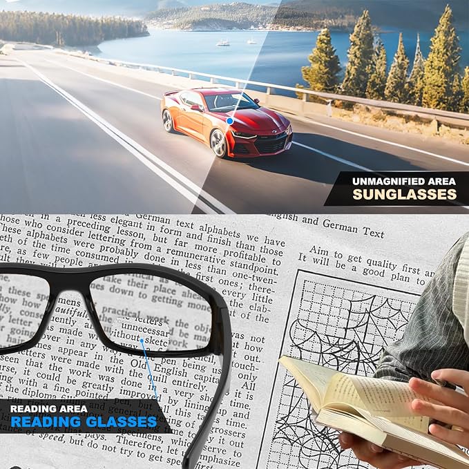 2 PACK Unbreakable Bifocal Reading Sunglasses for Men, Wrap Around Sun Reader Heavy Duty Temple UV400 Outdoor Sports Driving Finshing (Black & Grey +1.5)