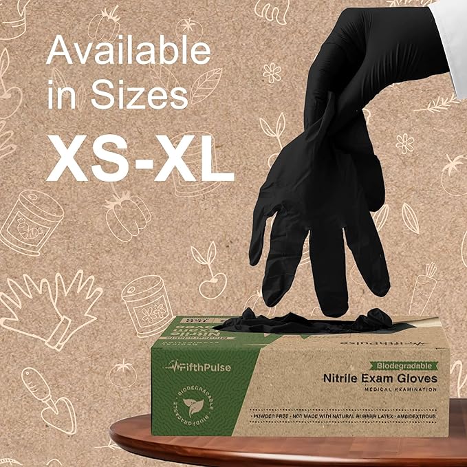 FifthPulse [150 Count] Biodegradable Gloves - Black Nitrile Disposable Gloves - Medical Exam and Food Safe - Latex Free