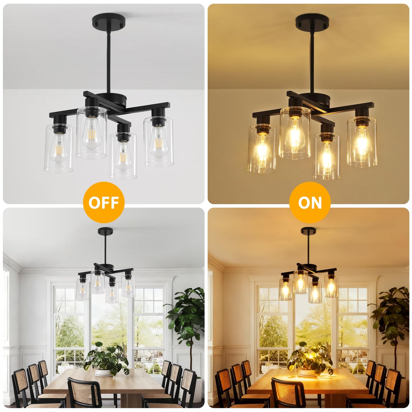 Xeruyiwa 4-Light Black Modern Farmhouse Chandelier, Adjustable Height Pendant Lighting for Kitchen Island & Dining Room, Industrial Hanging Fixture with Clear Glass Shade for Entryway Foyer Bedroom