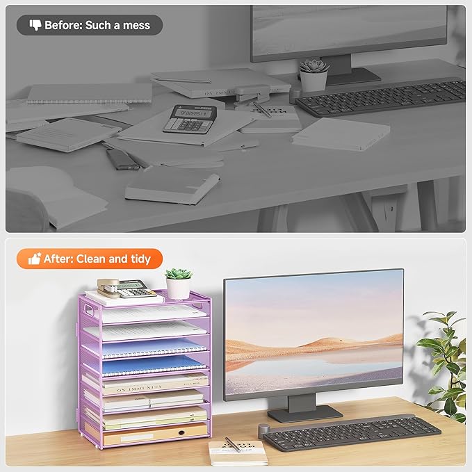 SUBEKYU 9 Tier Paper Letter Tray Desk Organizer with Handles - Purple Metal Mesh File Holder Paper Sorter Desk Organizer for Office Home School, Include 6 Pcs Adjustable Slid Tray, 6 Colors Available