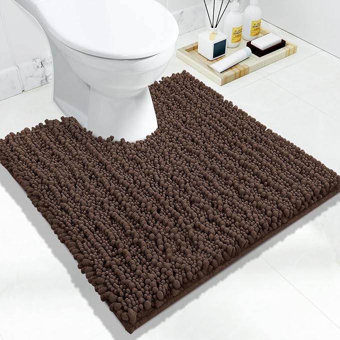Yimobra Toilet Rug U Shaped Washable 24x20 Inch - Ultra Soft Absorbent Chenille Bath Rugs for Toilet, Quick Dry & Machine Washable, Non Slip Contour Bathroom Mat, Brown