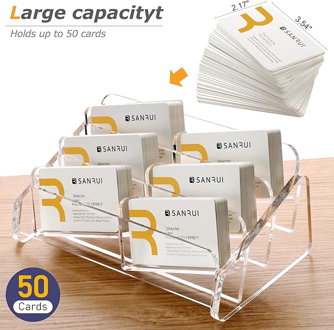 SANRUI Acrylic Business Card Holder for Desk, 3 Tier Clear Tilt Business Name Card Display Holders Stand Storage Organizer Fits 360 Business Cards (Horizontal, 6-Slot)