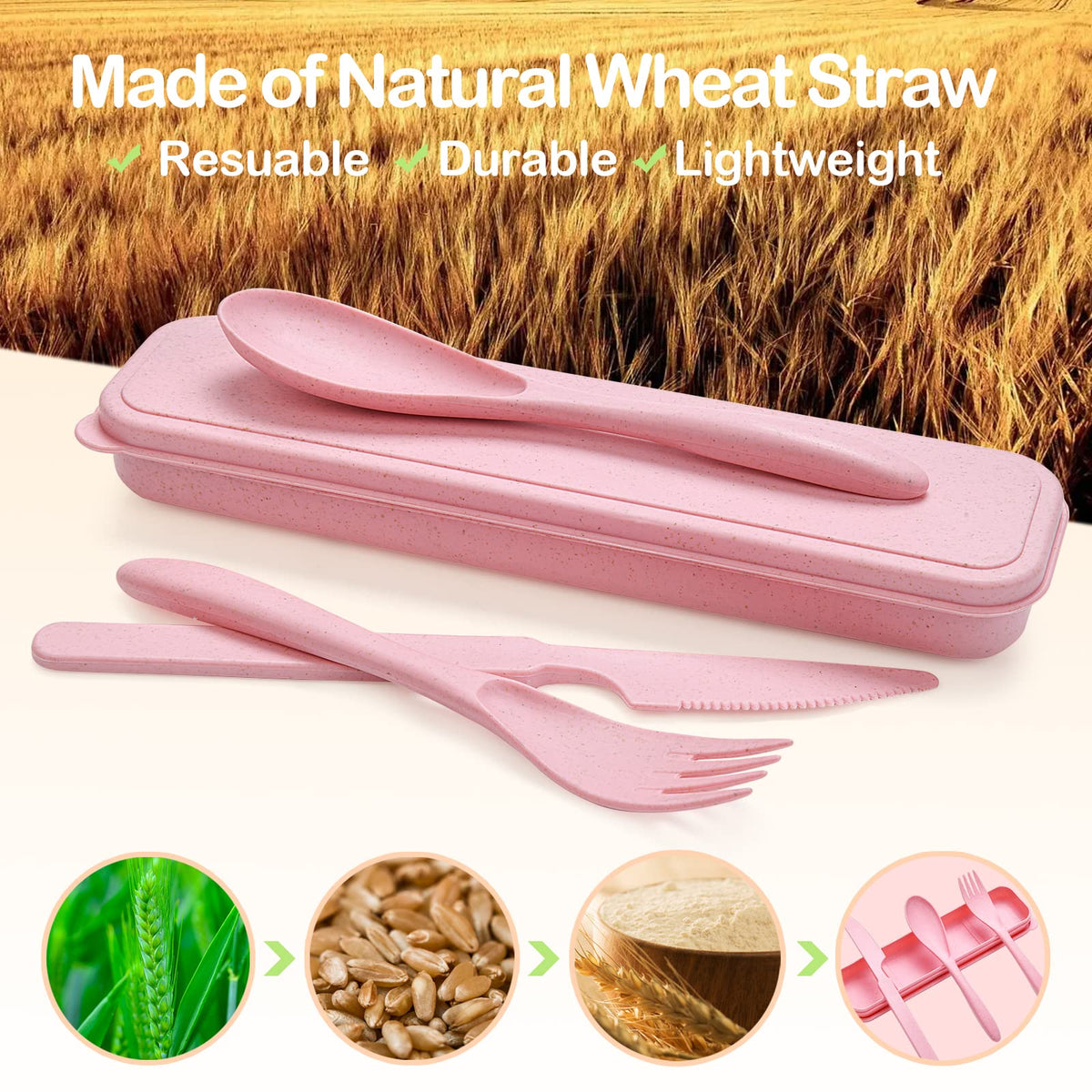 Reusable Travel Utensils Set with Case, 6 Sets Wheat Straw Portable Knife Fork Spoons Cutlery, Eco-Friendly BPA Free Plastic Tableware for Kids Adults Travel Picnic Camping Utensils