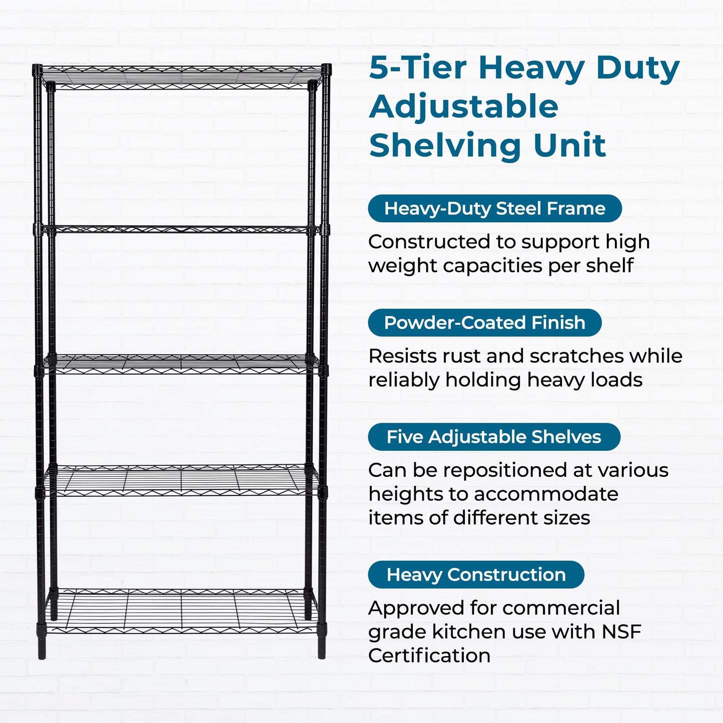 Honey-Can-Do 5-Tier Heavy-Duty Adjustable Shelves, Metal Storage Rack with 200-lb Shelf Capacity, Black, 14" W x 36" L x 72" H