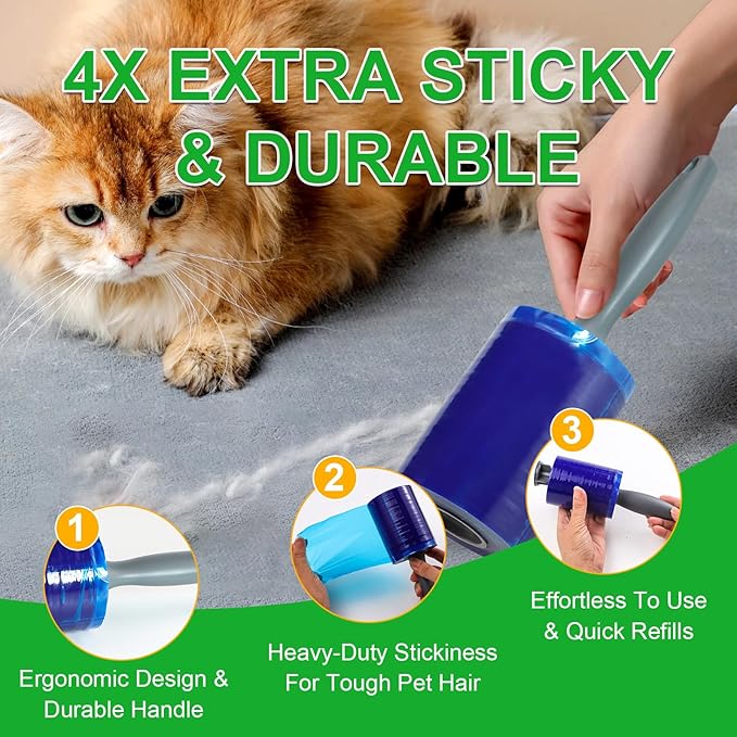 Lint Roller for Pet Hair 500 Sheets Extra Sticky Pet Hair Remover for Clothes Furniture Carpet Cleaner Cars Dogs Travel-Friendly Grip Handle Blue
