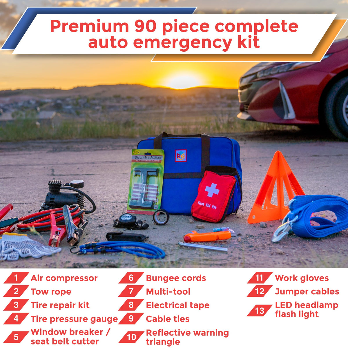 Car Emergency Kit with Air Compressor, Jumper Cables, First Aid, Tow Strap, Tire Gauge, Headlamp – Roadside Safety Kit for Women, Men, Teens
