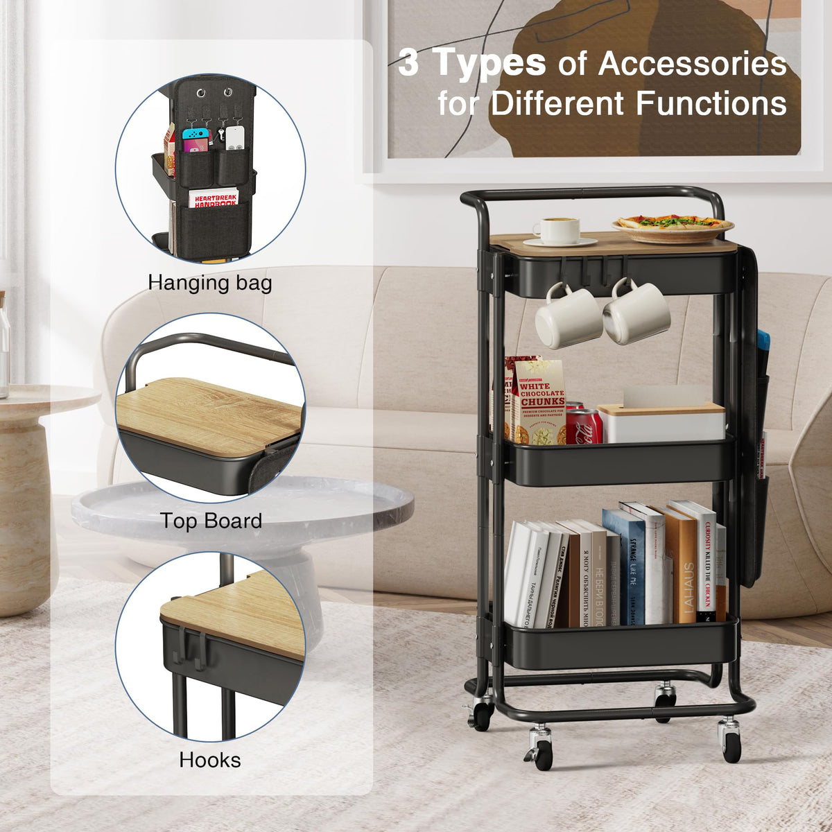 DTK 3 Tier Metal Utility Rolling Cart with Table Top and Side Bags, Tray Storage Organizer Wheels, Art Craft 4 Hooks for Kitchen Bathroom Office Living Room (Black)