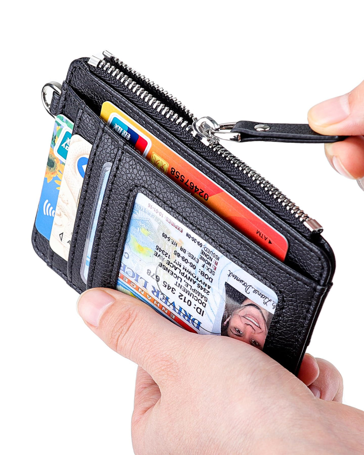 Teskyer Slim Card Holder Wallet with Zip Pocket, RFID Blocking, Total 9 Compartments Large Capacity, 3.5" x 4.7" (Slight Larger Than Usual), Faux Leather - Black