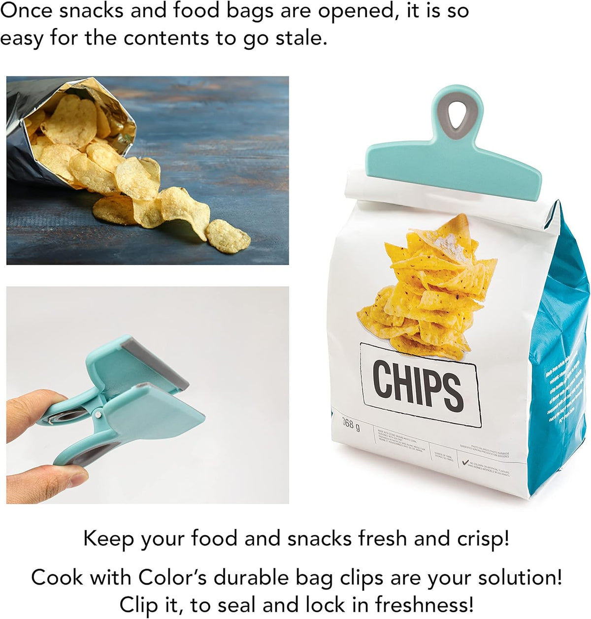 COOK WITH COLOR Bag Clips - Heavy Duty Chip Clip and Refrigerator Magnet Clips for Food Storage with Air Tight Seal Grip, Mint, Pack of 4 Large Clips