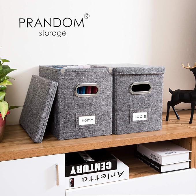 PRANDOM File Organizer Box - Set of 1 Collapsible Decorative Linen Filing Storage Hanging File Folders with Lids Office Cabinet Letter Size Grey (14x9.3x10.8 inch)