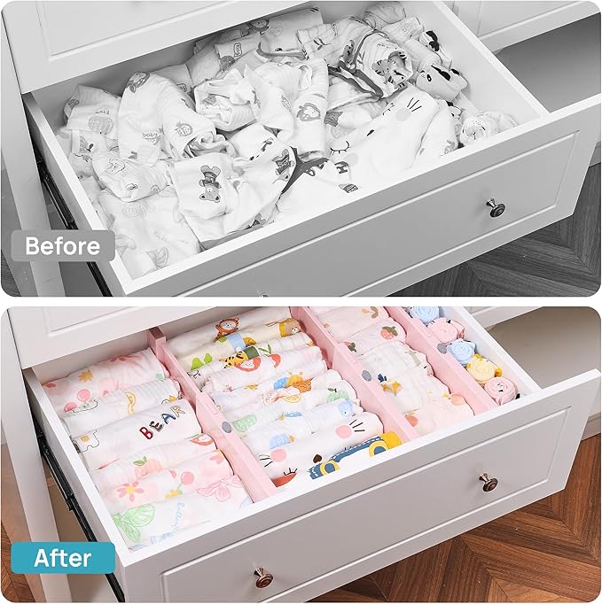 Vtopmart 8 Pack Drawer Dividers for Clothes, 4" High 11.6"-17" Adjustable Expandable Dresser Drawer Organizer, Plastic Separators for Dresser, Baby Clothes, Underwear, Kitchen & Office Storage, Pink