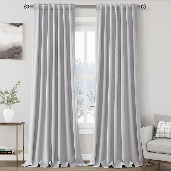 Grey Linen Blackout Curtains 120 Inch Length 2 Panels Set Extra Long 10 Ft Back Tab Pocket Drapes Thermal Insulated Total Blocking Curtains for Dining Room Cottage High Window Curtain 52x120