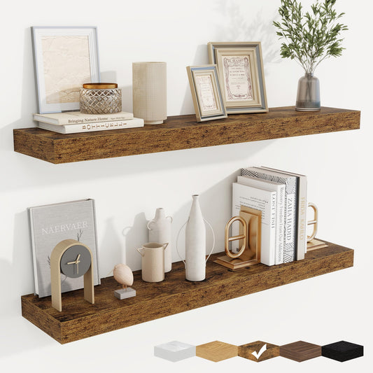 fuqing Floating Shelves for Wall, Wall Mounted Wood Floating Shelf with Invisible Brackets for Living Room, Bathroom, Bedroom, Kitchen Storage and Decor, 36 Inch Set of 2, Rustic Brown