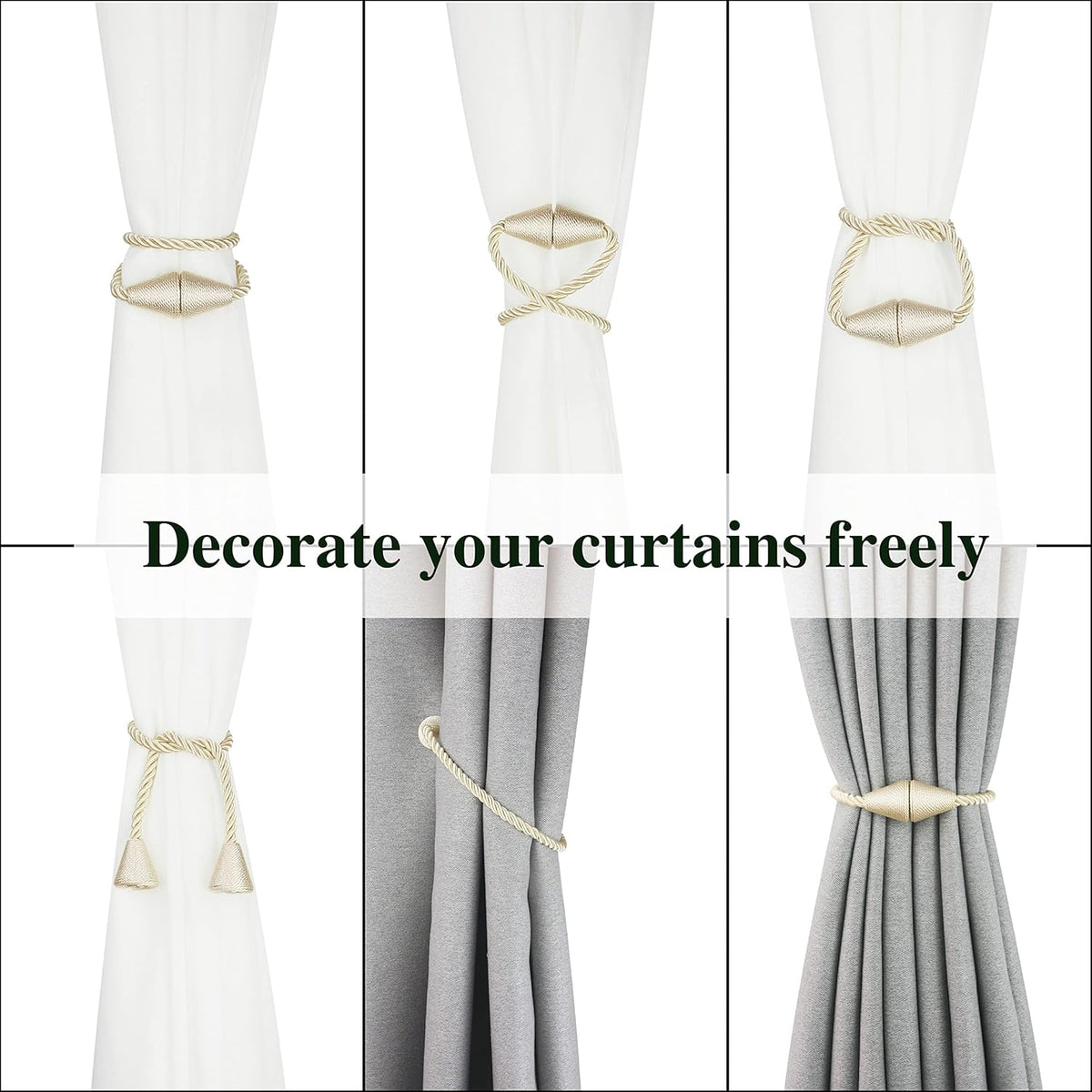 4 Pack Magnetic Curtain Tiebacks Rope Modern Handmade Curtain Tie Backs Decorative Drapes Weave Holdbacks for Window Décor, Beige