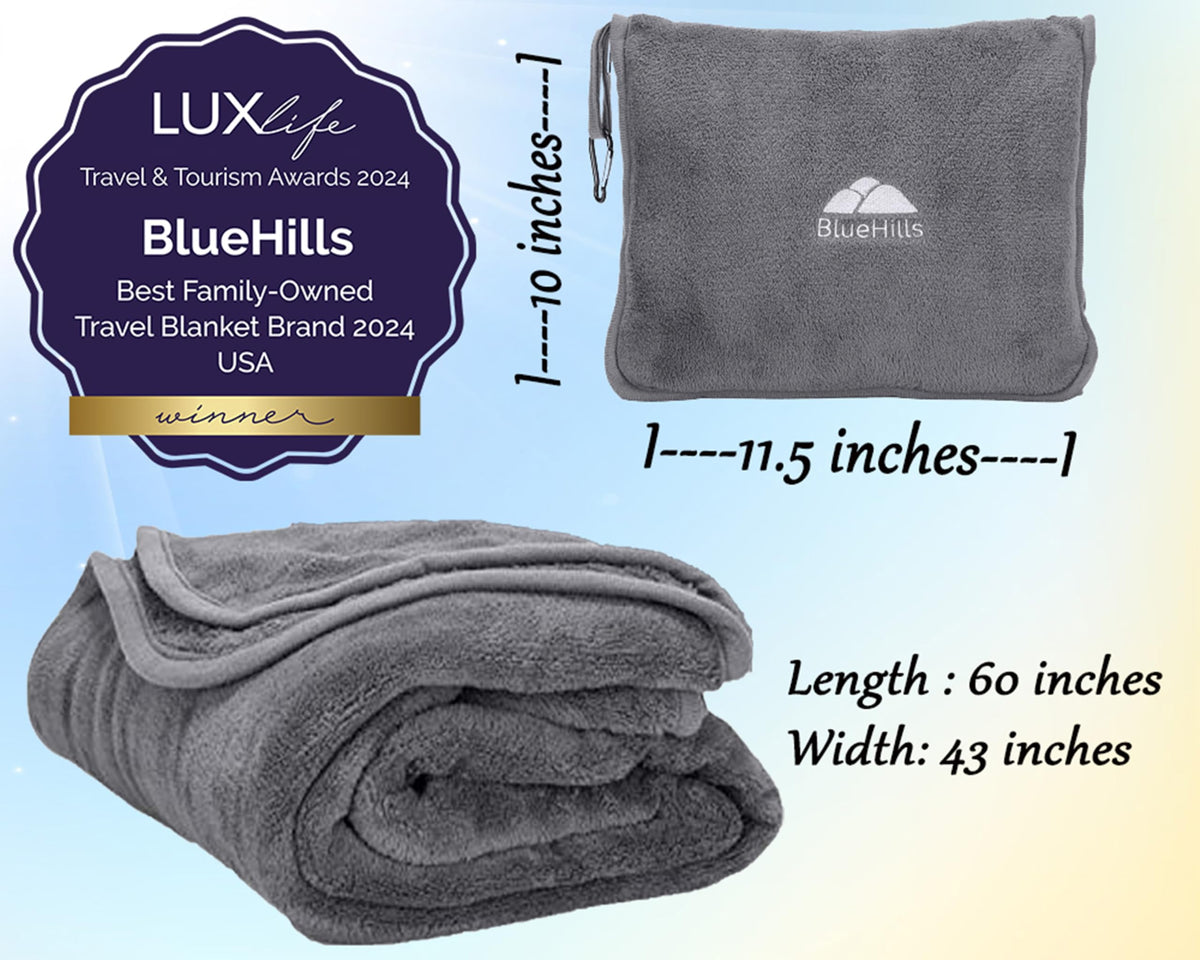 BlueHills Premium Soft Travel Blanket Pillow Airplane Flight Blanket Throw Bag Pillowcase Compact Large 2 in 1 Combo Warm Traveling Plane Essentials Portable Gifts Lightweight Grey Gray T007