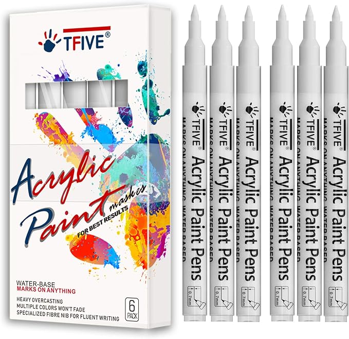 White Marker Paint Pens - 6 Pack Acrylic White Permanent Marker, 0.7mm Extra Fine Tip Paint Pen for Art projects, Drawing, Rock Painting, Stone, Ceramic, Glass, Wood, Plastic, Metal, Canvas DIY Crafts